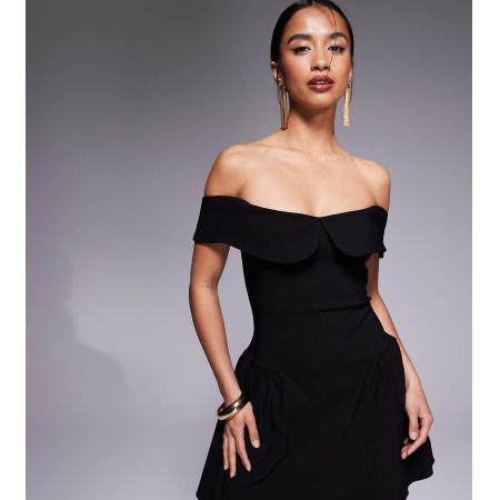 Vesper Petite Mini-skaterjurk van bengaline met bardot-hals met omslag in zwart