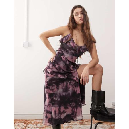 Miss Selfridge Maxi jurk van chiffon met gestrikte voorkant, ruches en print in multi-Veelkleurig
