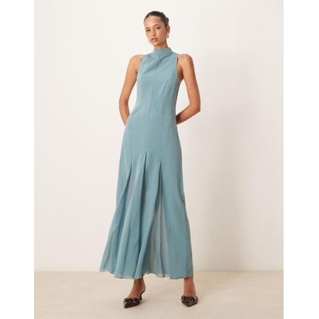 ASOS DESIGN Hoogsluitende maxi-jurk met godet-plooien van chiffon in blauw met wassing