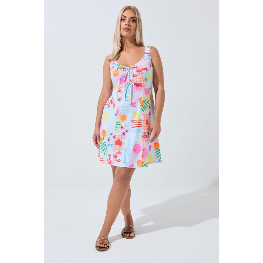 Limited Collection Curve Blue Beach Print Minijurk Size 54-56 Blauw