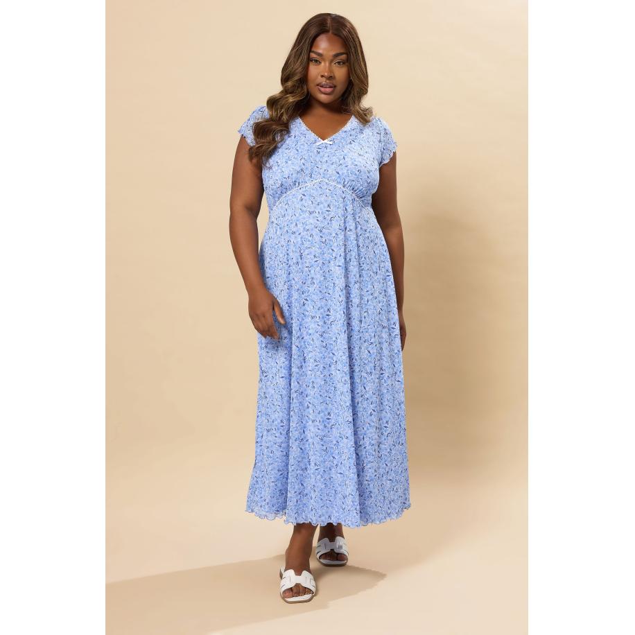 Yours Midaxi Jurk Van Mesh Met Bloemenmotief En Ruchemouwen In Blauw Size 66-68 Blauw