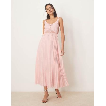 ASOS DESIGN Dubbellaagse geplooide midi-jurk met kanten inzet in lichtroze