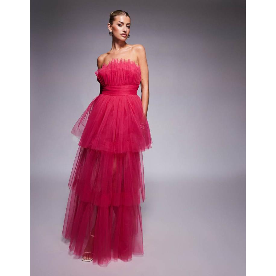 Lace & Beads Bandeau maxi-jurk van tule in felroze Roze