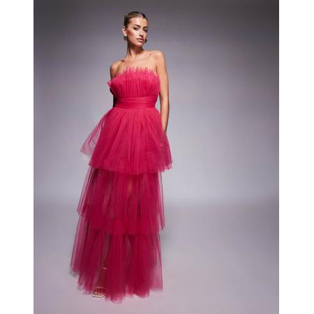 Lace & Beads Bandeau maxi-jurk van tule in felroze