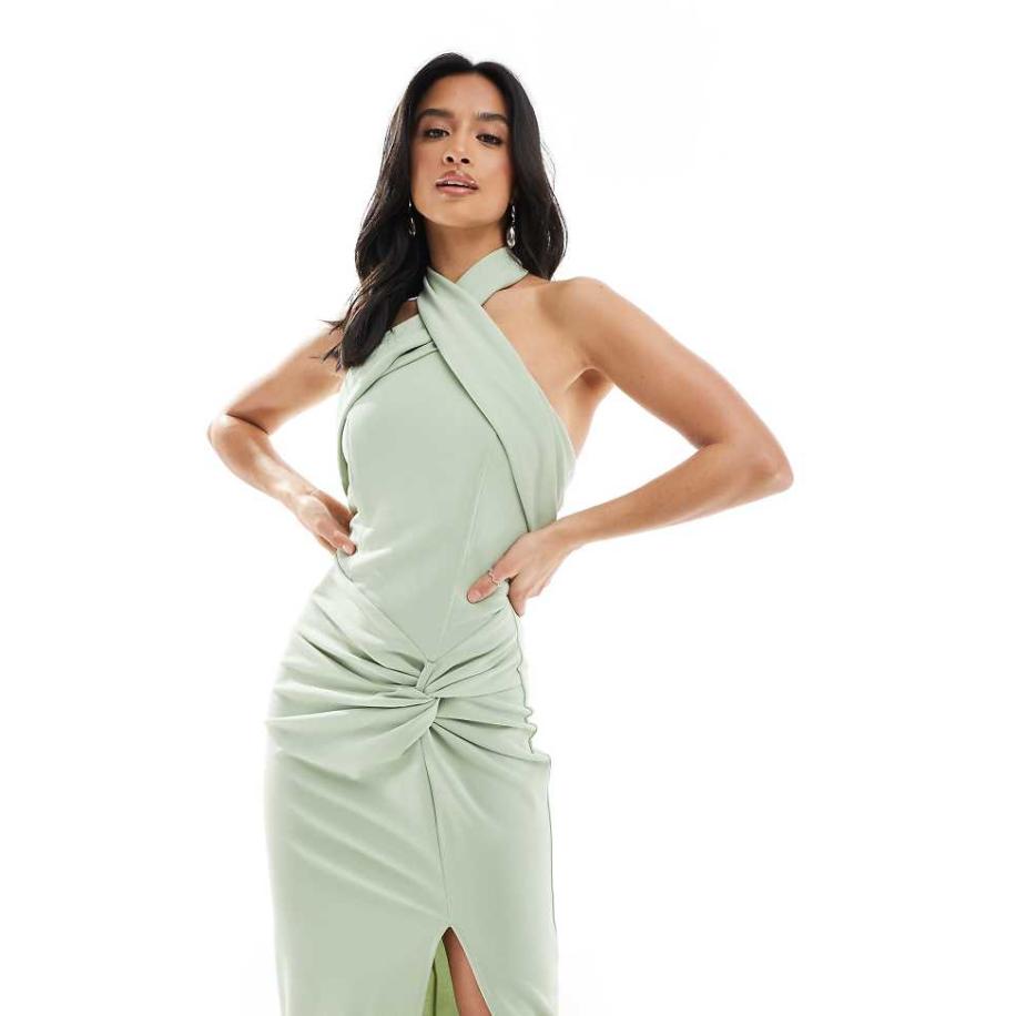 TFNC Petite Bruidsmeisjes Maxi-jurk met gekruiste voorkant en gedraaid detail in saliegroen Groen