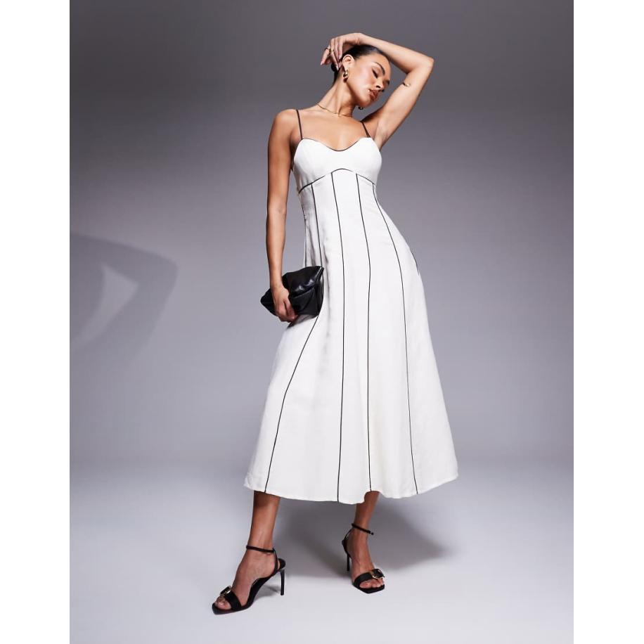 Forever New Midi jurk met linnen en contrasterende biezen in crème en chocoladebruin Bruin