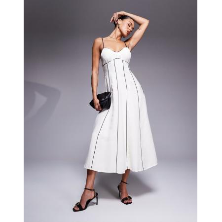 Forever New Midi jurk met linnen en contrasterende biezen in crème en chocoladebruin