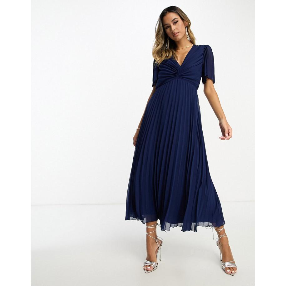 ASOS DESIGN Geplooide midi jurk met geplooid lijfje en fladdermouwen in marineblauw Blauw