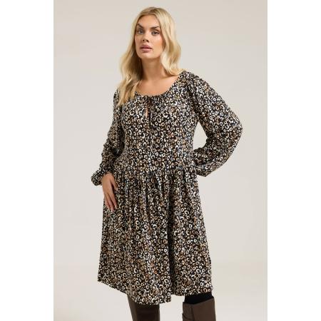 Yours Curve Black Leopard Print Tie Neck Dress, Women's Curve & Plus Size, Yours