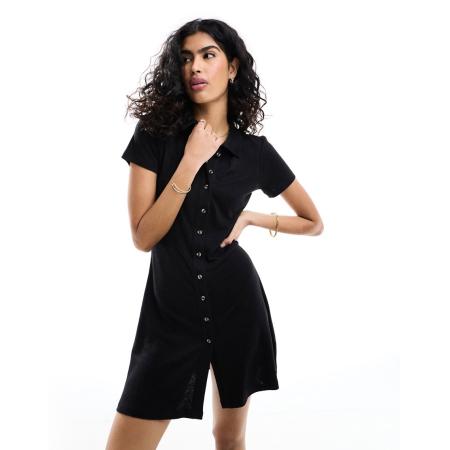 ASOS DESIGN Nette mini jurk met linnenlook, kraagje en knopen in zwart