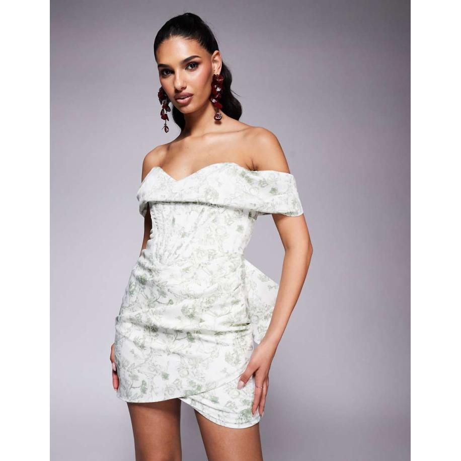 Lavish Alice Mini jurk met blote schouders en veters in groene print Groen