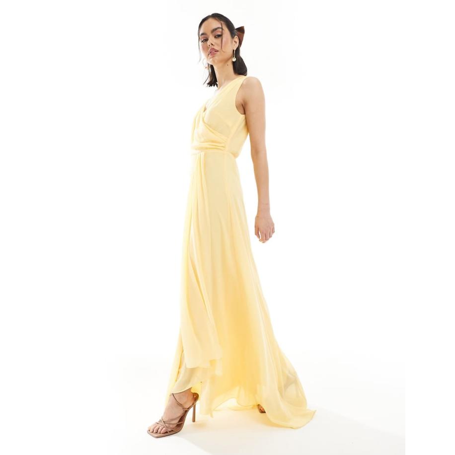 TFNC Bruidsmeisjes Maxi-jurk van chiffon met overslag aan de voorkant en rok met overslag in citroengeel Geel