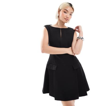French Connection Azra Mini jurk van keperstof met verlaagde geplooide taille in zwart