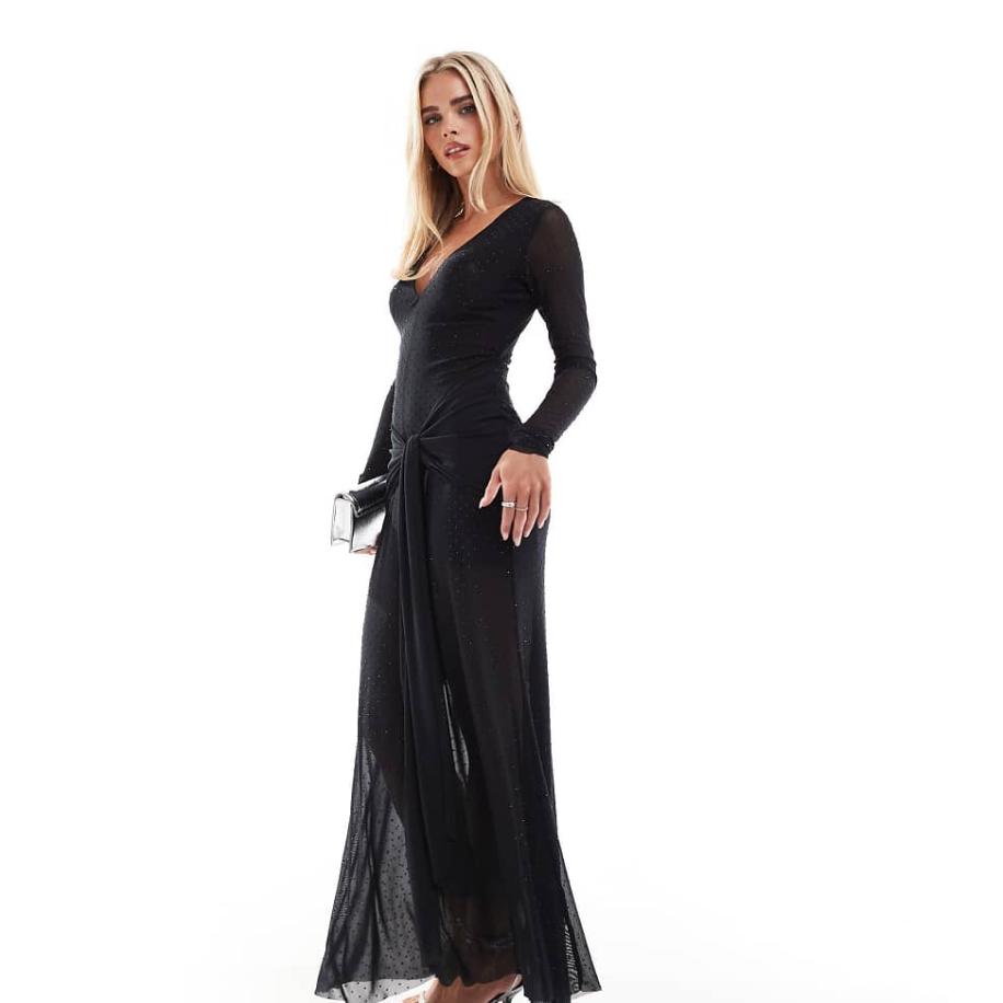 Forever New Petite Diepitgesneden maxi jurk met lange mouwen en siersteentjes in zwart Zwart