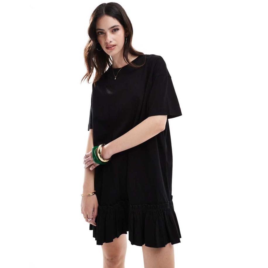 Miss Selfridge T-shirtjurk van popeline met ruches in zwart Zwart