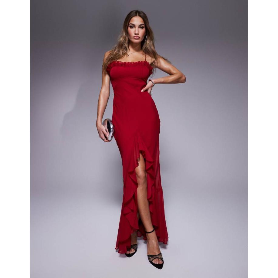 ASOS DESIGN Midaxi jurk met korset, ruches aan de rand, asymmetrische zoom en gekruiste bandjes op de rug in rood Rood