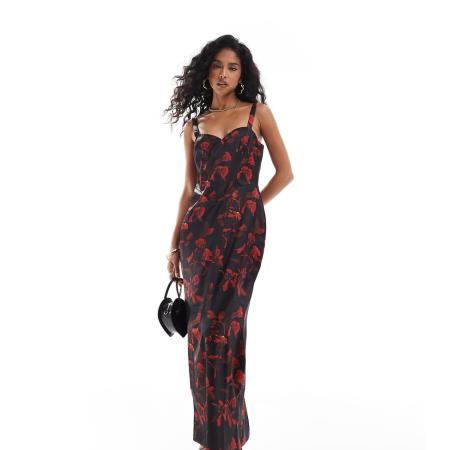 The Frolic Exclusives Maxi-bodyconjurk van satijn met korsetdetail in zwart met rozenprint-Veelkleurig