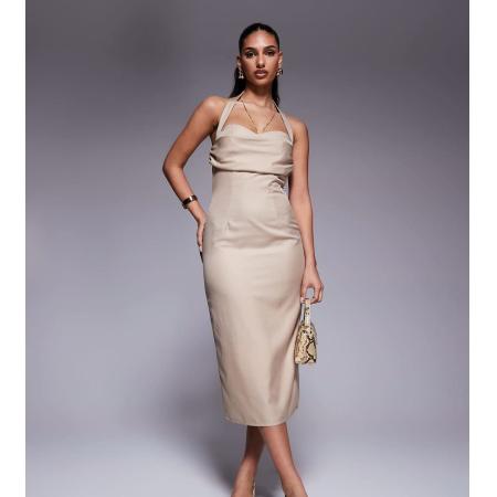 Kaiia Exclusives Elegante midaxi jurk met gedrapeerde buste, halternek en open achterkant in stone met krijtstreep-Neutraal