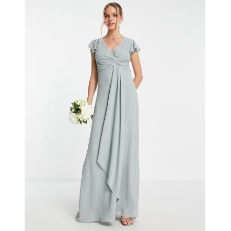 TFNC Lange bruidsmeisjesjurk met fladdermouwen en ruches in saliegroen