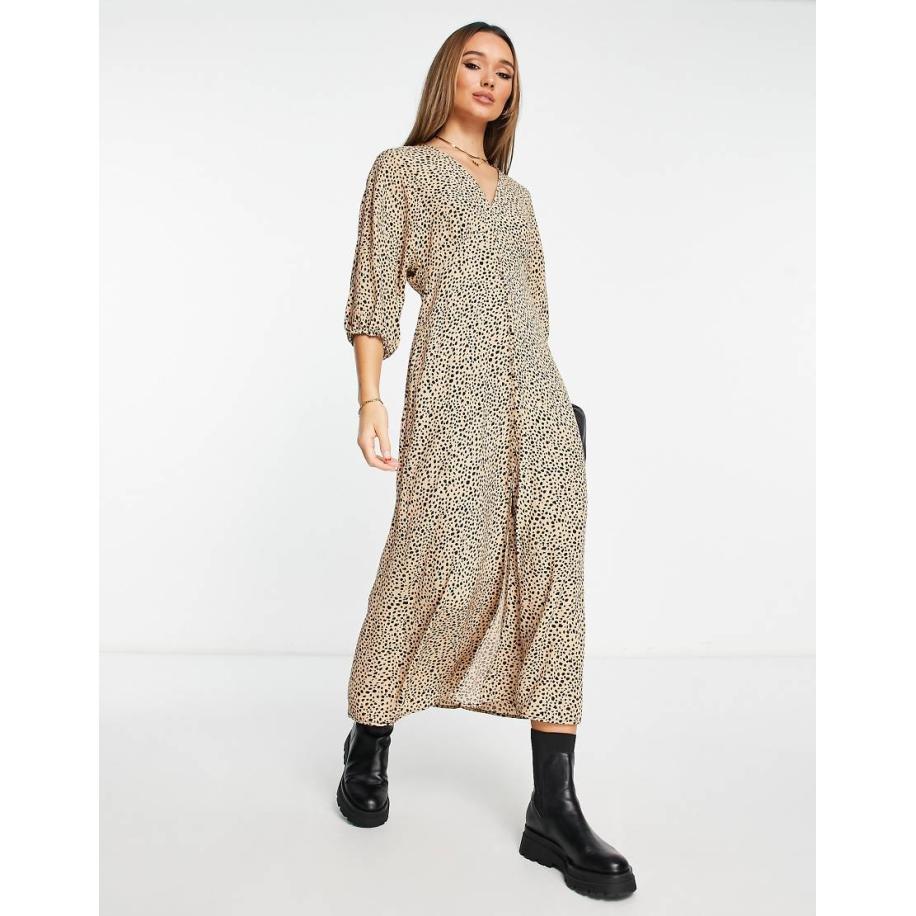 Mango Midi-jurk met V-hals en luipaardprint in bruin Bruin