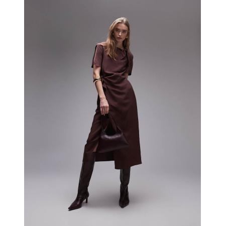 & Other Stories Jurk van linnenmix met overslag en gestrikte hals in bruin