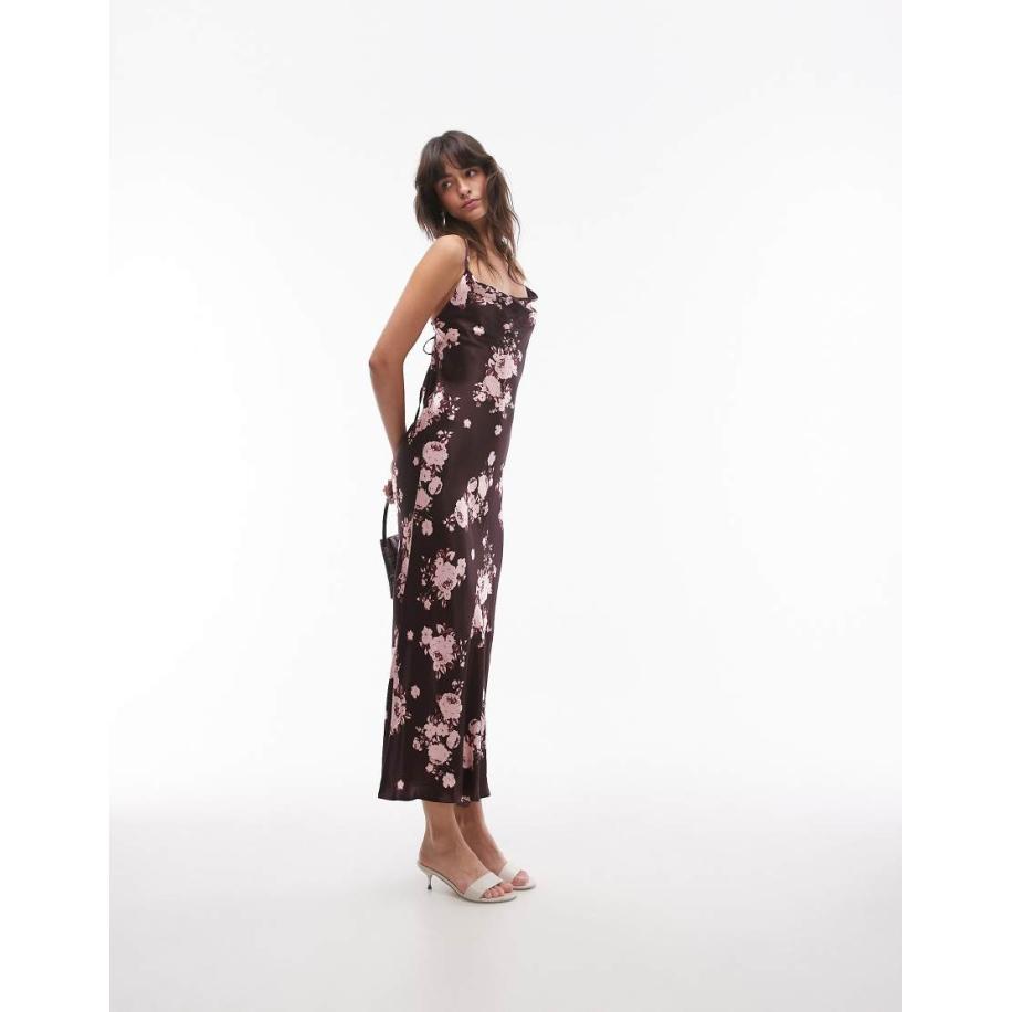 Topshop Midi slipdress met gedrapeerde halslijn en bloemenprint in bordeauxrood Rood