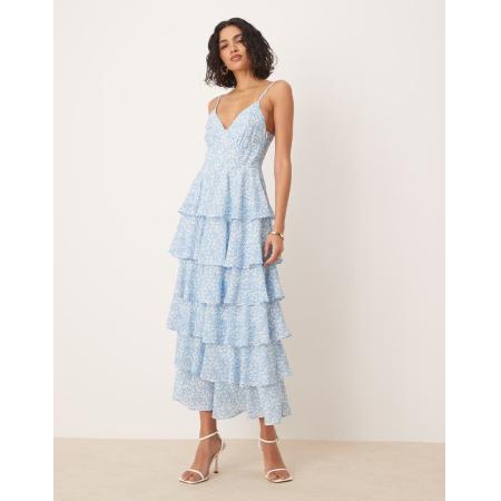 Pretty Lavish Midaxi jurk met ruches in blauwe print