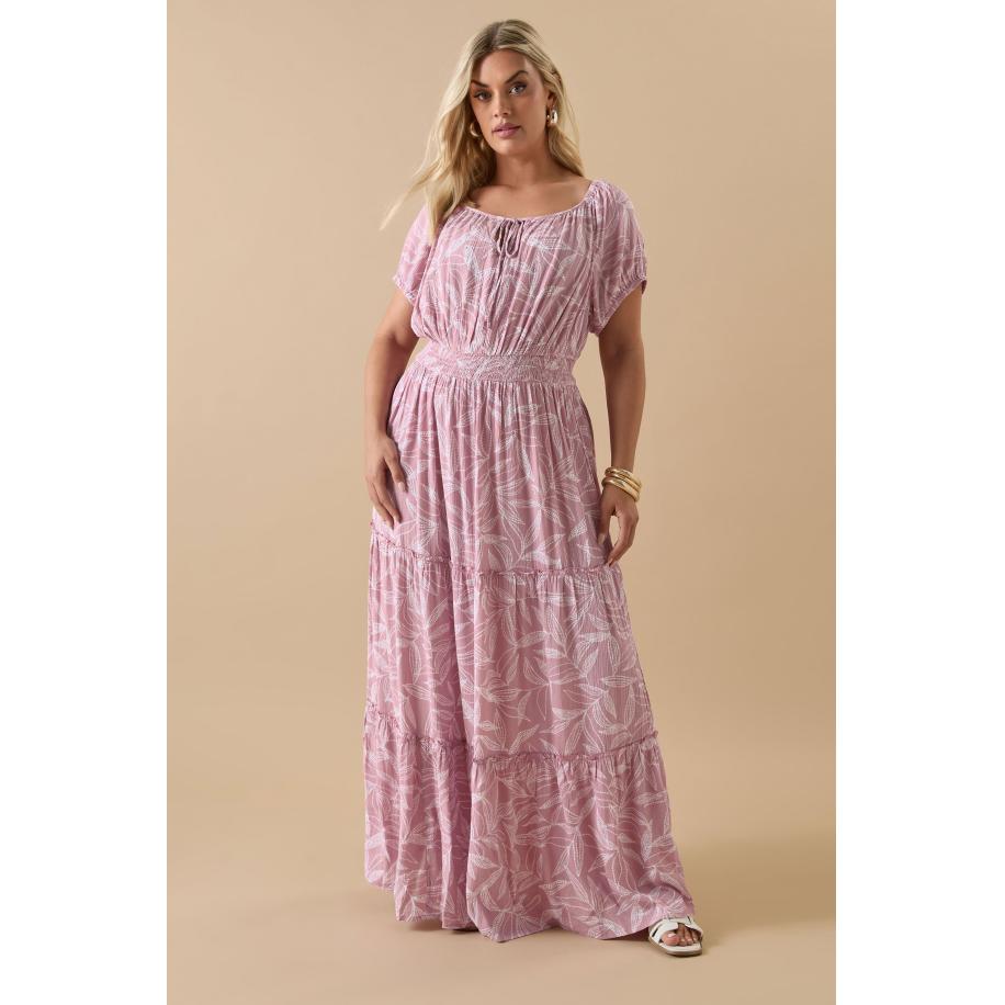 Yours Maxi Jurk Met Bladerprint, Lagen En Elastische Taille In Lichtroze Size 66-68 Roze