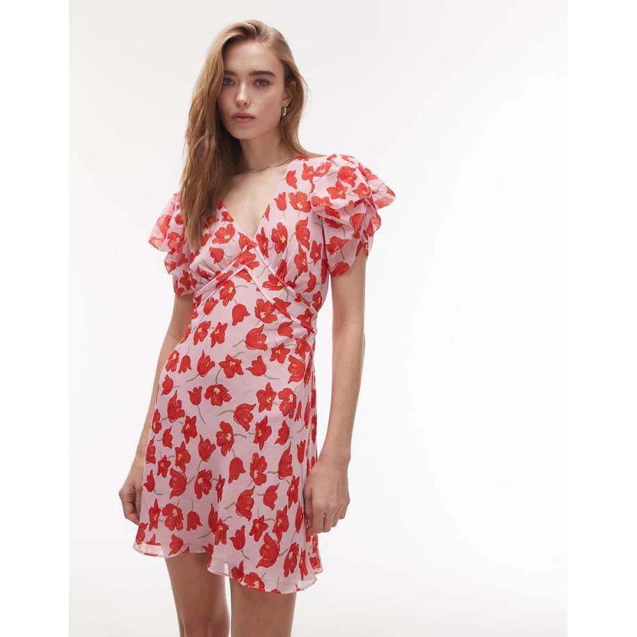Topshop Schuingesneden nette mini jurk met gerimpelde mouwen en bloemenprint in roze en rood Roze
