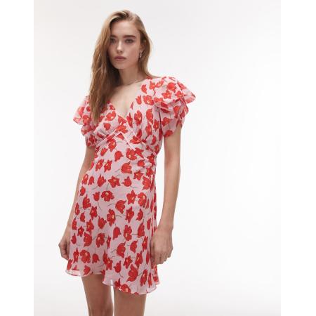 Topshop Schuingesneden nette mini jurk met gerimpelde mouwen en bloemenprint in roze en rood