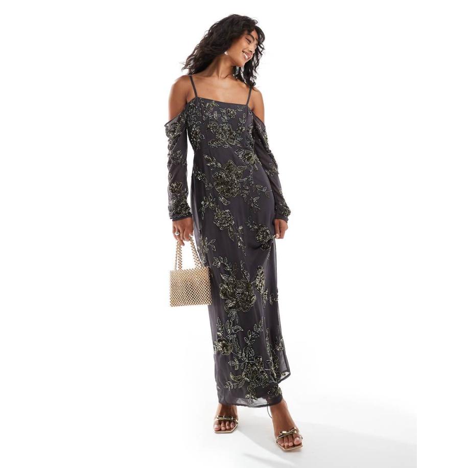 ASOS DESIGN Maxi bardotjurk met lange mouwen en versiering in antraciet-Grijs Grijs