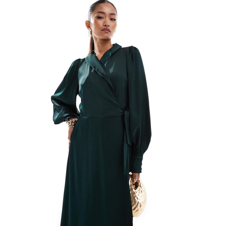 Vila Bruidsmeisjes Satijnen maxi wikkeljurk in groen Groen