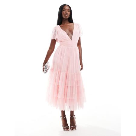 Lace & Beads Bruidsmeisjes Madison Midi jurk van tule met V-hals in zachtroze