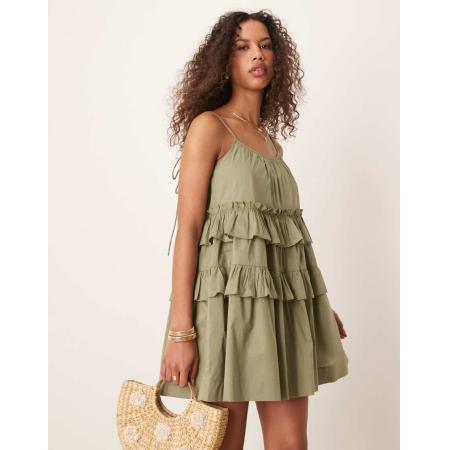 ASOS DESIGN Mini-jurk met ruches en stroken in kaki-Groen