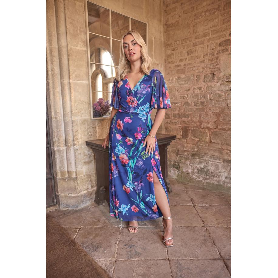 Yours London Maxijurk Van Mesh Met Bloemenmotief En Zijsplit In Blauw Size 54-56 Blauw