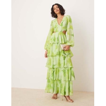 Pretty Lavish Maxi-jurk met ruches, uitsnijding en limoengroene bloemenprint