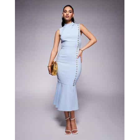 Lavish Alice Midi-jurk met hoge hals en kleine schelpjesknoopjes in lichtblauw
