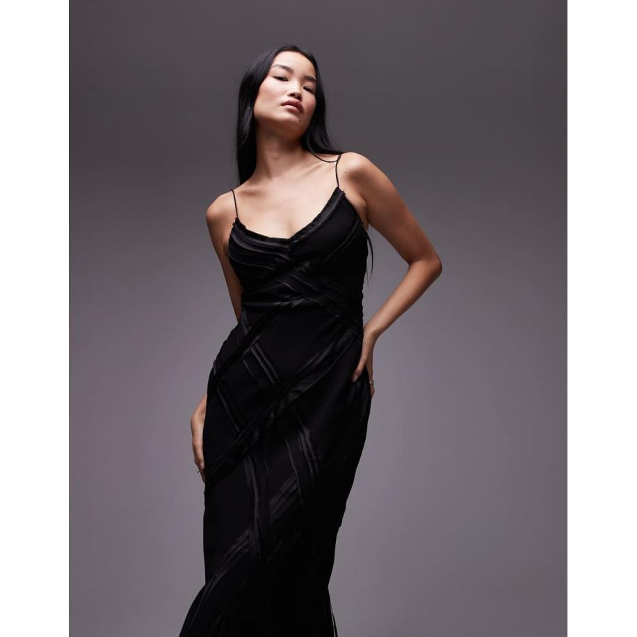 Topshop Premium Midi slipdress met onafgewerkte naden in zwart Zwart