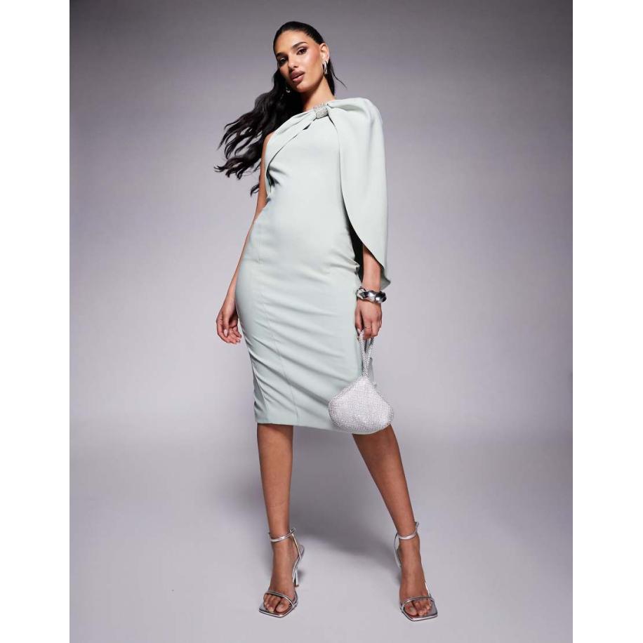 Lavish Alice Midi-jurk met cape, blote schouder, strik en versiering in saliegroen Groen
