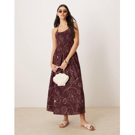 ASOS DESIGN Maxi-jurk van kreukelstof met lage ronde hals, gekruiste bandjes op de rug en bloemenprint in bordeauxrood-Veelkleurig