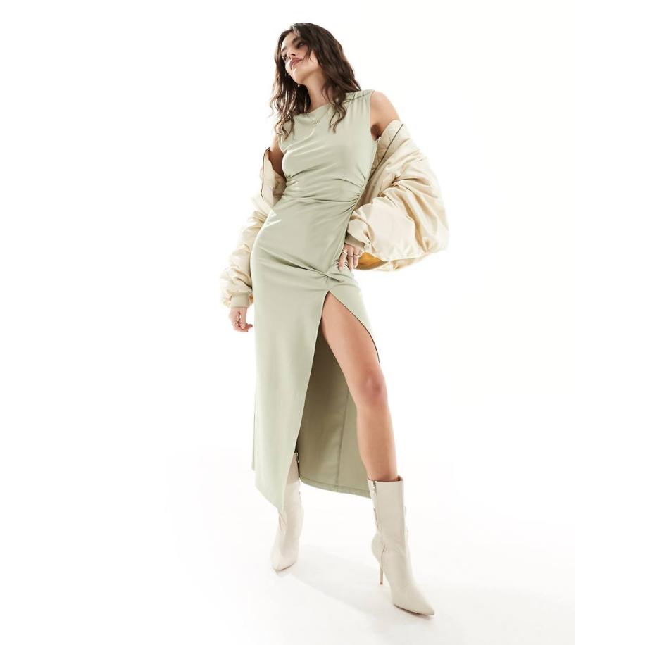 4th & Reckless Mouwloze maxi-jurk met dijsplit en gedraaid detail in saliegroen Groen