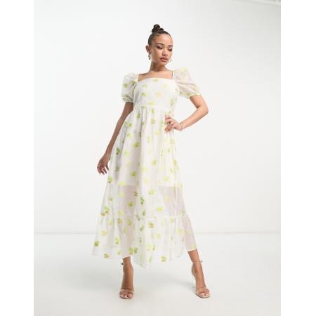 Collective The Label Nette jurk van organza met pofmouwen en bloemen in ivoor-Wit