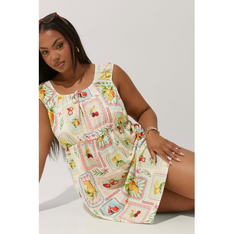 Limited Collection Mini Jurk Met Gemengde Fruitprint En Kapmouwen In Crème Size 54-56 Bruin