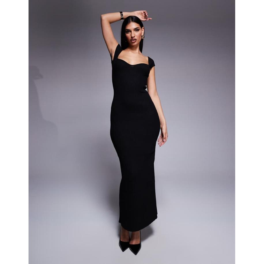 Princess Polly Geribbelde gebreide bodycon maxi-jurk met hartvormige halslijn en kapmouwtjes in zwart Zwart