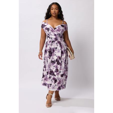 Yours London Curve Paarse Bloemenprint Cold Shoulder Jurk Size 58-60