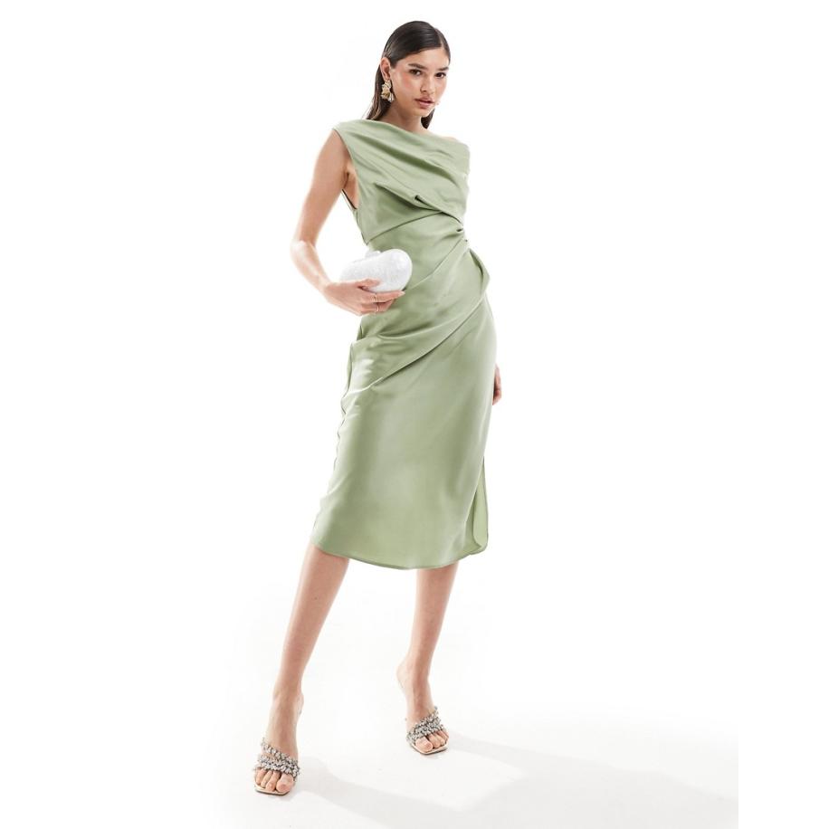 ASOS DESIGN Satijnen midi-jurk met blote schouders en gedrapeerd detail in saliegroen Groen