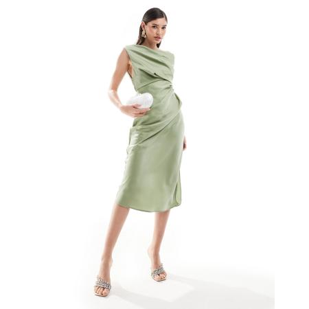 ASOS DESIGN Satijnen midi-jurk met blote schouders en gedrapeerd detail in saliegroen