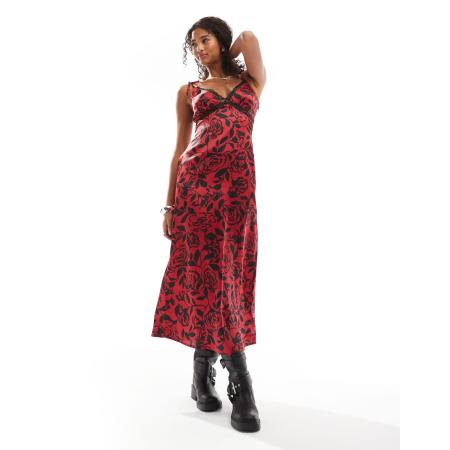 Wednesday's Girl Cami-jurk met rozenprint en kanten inzet in rood en zwart