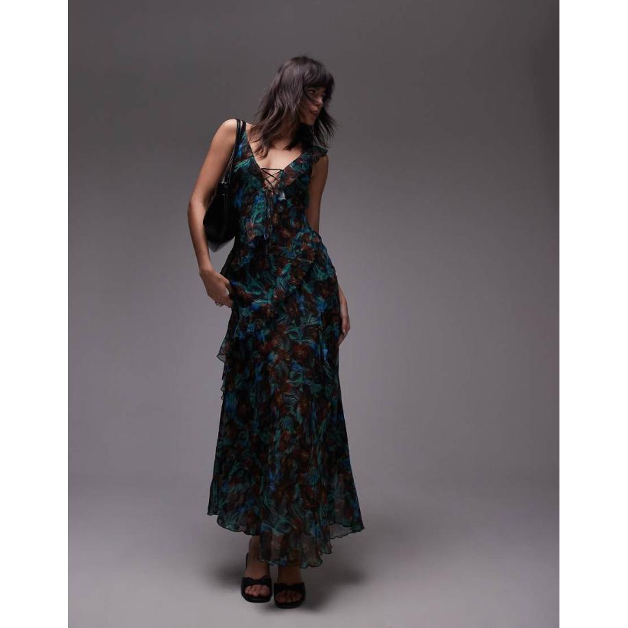 Topshop Maxi slipdress met ruches in groene bloemenprint-Veelkleurig Multicolor