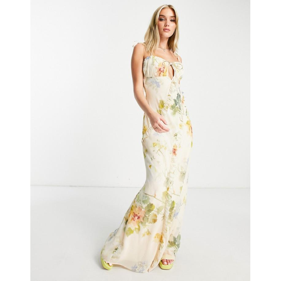 Hope & Ivy Lange jurk met gerimpelde buste en bloemenprint in crème-Wit Wit